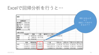 Excelで回帰分析を⾏うと…
2016/8/13 18
t値とはなんぞ
や？
t検定って何がで
きるの？？
 