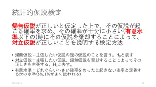 統計的仮説検定
帰無仮説が正しいと仮定した上で、その仮説が起
こる確率を求め、その確率が⼗分に⼩さい(有意⽔
準以下の)時にその仮説を棄却することによって、
対⽴仮説が正しいことを説明する検定⽅法
• 帰無仮説：主張したい仮説の逆の仮説のことを⾔う。H0と表す
• 対⽴仮説：主張したい仮説。帰無仮説を棄却することによってその
正しさを主張する。H1と表す。
• 有意⽔準：どれぐらい⼩さい確率をめったに起きない確率と定義す
るかの⽔準(5%,1%がよく使われる)
2016/8/13 28
 