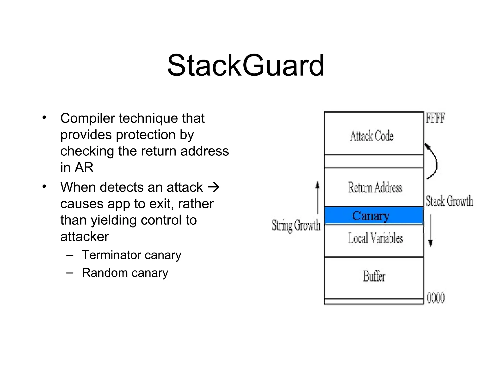 StackGuard
•   Compiler technique that
    provides protection by
    checking the return address
    in AR
•   When detects an attack 
    causes app to exit, rather
    than yielding control to
    attacker
    – Terminator canary
    – Random canary
 