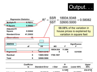 Output. . .
Regression Statistics
Multiple R 0.76211
R Square 0.58082
Adjusted R
Square 0.52842
Standard Error 41.33032
Observations 10
ANOVA
df SS MS F
Significance
F
Regression 1 18934.9348
18934.934
8
11.084
8 0.01039
Residual 8 13665.5652 1708.1957
Total 9 32600.5000
Coefficien
ts Standard Error t Stat
P-
value Lower 95%
Upper
95%
0.1289 232.0738
58.08%
58.08% of the variation in
house prices is explained by
variation in square feet
0.58082
32600.5000
18934.9348
SST
SSR
R2
=
=
=
 