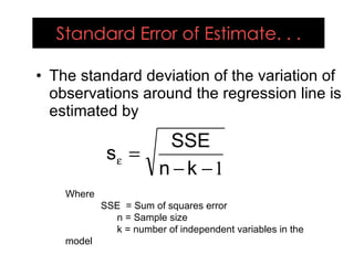 Standard Error of Estimate. . .
• The standard deviation of the variation of
observations around the regression line is
estimated by
1
−
−
=
ε
k
n
SSE
s
Where
SSE = Sum of squares error
n = Sample size
k = number of independent variables in the
model
 