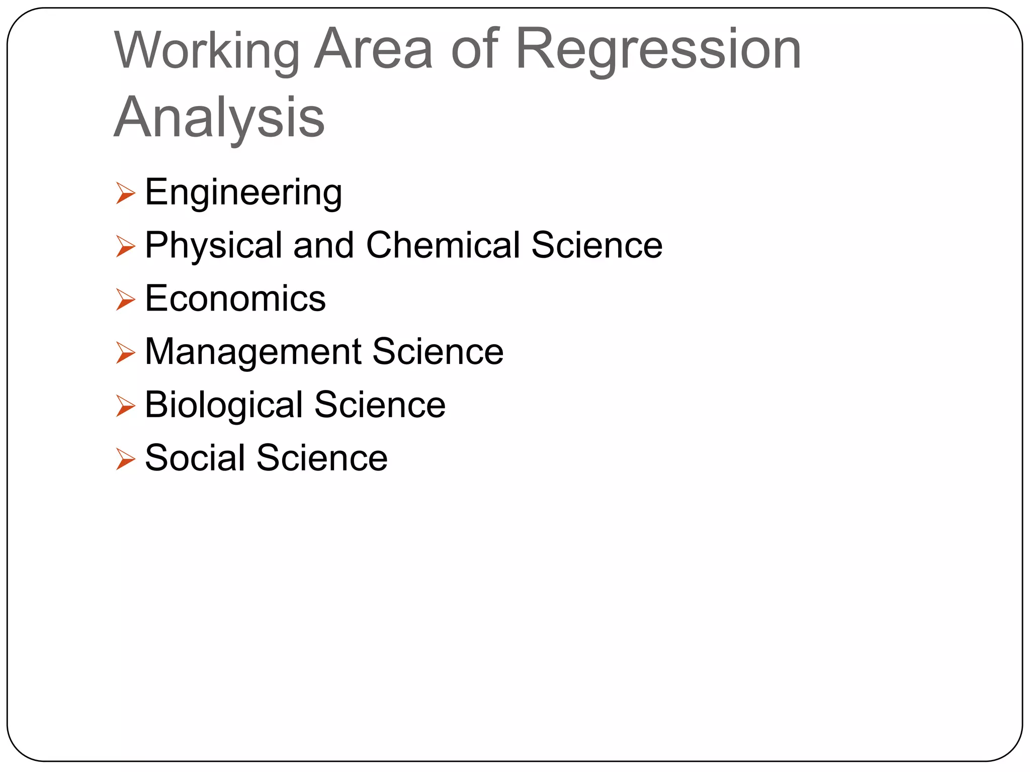 Working Area of Regression
Analysis
 Engineering
 Physical and Chemical Science
 Economics
 Management Science
 Biological Science
 Social Science
 