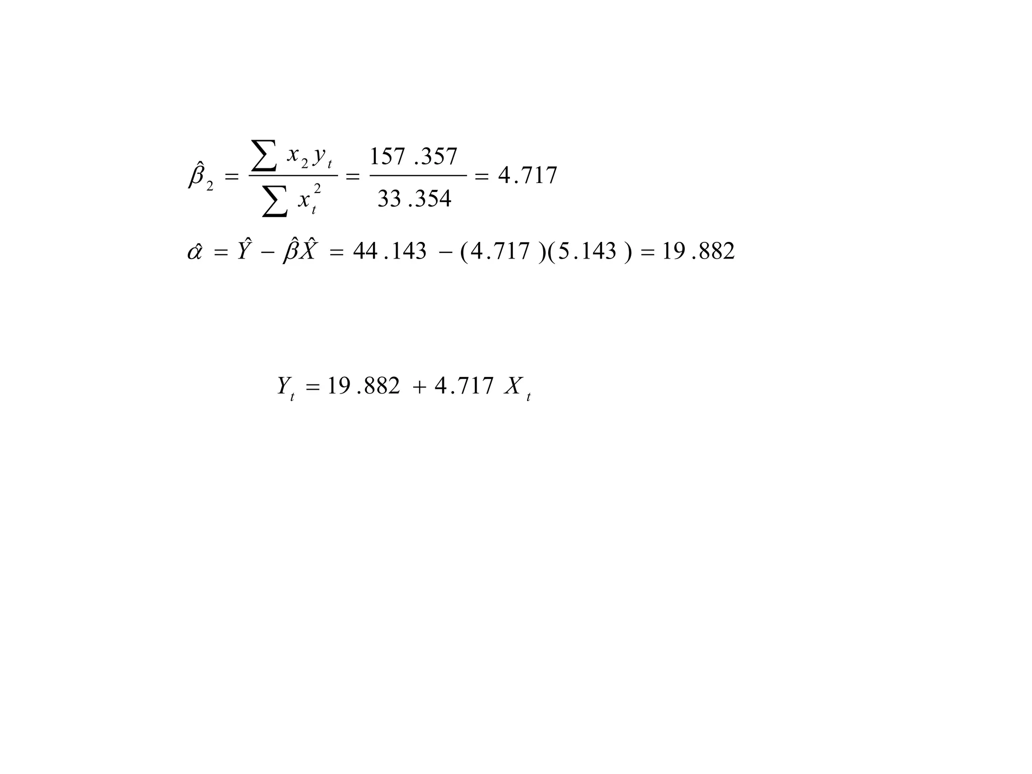 ˆ
2 

x y
x
2

2
t

t



157 . 357

 4 . 717

33 . 354

ˆˆ
ˆ
  Y   X  44 . 143  ( 4 . 717 )( 5 . 143 )  19 . 882
ˆ

Y t  19 . 882  4 . 717 X t

 