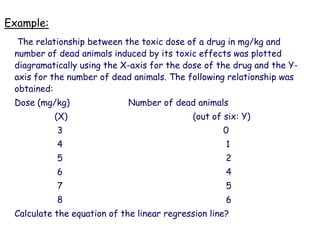 Example:
The relationship between the toxic dose of a drug in mg/kg and
number of dead animals induced by its toxic effects was plotted
diagramatically using the X-axis for the dose of the drug and the Y-
axis for the number of dead animals. The following relationship was
obtained:
Dose (mg/kg) Number of dead animals
(X) (out of six: Y)
3 0
4 1
5 2
6 4
7 5
8 6
Calculate the equation of the linear regression line?
 