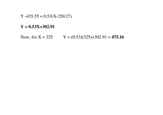 Y -435.55 = 0.53(X-250.27)
Y = 0.53X+302.91
Now, for X = 325 Y = (0.53)(325)+302.91 = 475.16
 