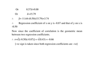 Or 0.57‫̅ݔ‬=9.00
Or ‫̅ݔ‬=15.79
∴ ‫ݕ‬ത= 11.64-(0.50)(15.79)=3.74
∴ Regression coefficient of x on y is -0.87 and that of y on x is
-0.50
Now since the coefficient of correlation is the geometric mean
between two regression coefficients.
∴ r=√[(-0.50)(-0.87)] = √(0.43) = -0.66
[-ve sign is taken since both regression coefficients are –ve]
 
