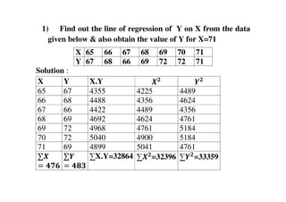 1) Find out the line of regression of Y on X from the data
given below & also obtain the value of Y for X=71
Solution :
X Y X.Y ࢄ૛ ࢅ૛
65 67 4355 4225 4489
66 68 4488 4356 4624
67 66 4422 4489 4356
68 69 4692 4624 4761
69 72 4968 4761 5184
70 72 5040 4900 5184
71 69 4899 5041 4761
∑ࢄ
= ૝ૠ૟
∑ࢅ
= ૝ૡ૜
∑X.Y=32864 ∑ࢄ૛=32396 ∑ࢅ૛=33359
X 65 66 67 68 69 70 71
Y 67 68 66 69 72 72 71
 