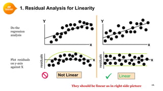 1. Residual Analysis for Linearity
16
Not Linear Linear

x
residuals
x
Y
x
Y
x
residuals
Plot residuals
on y-axis
against X
Do the
regression
analysis
They should be linear as in right side picture
 