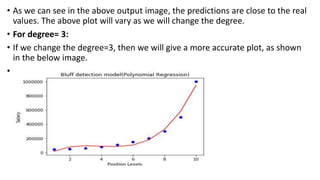 • As we can see in the above output image, the predictions are close to the real
values. The above plot will vary as we will change the degree.
• For degree= 3:
• If we change the degree=3, then we will give a more accurate plot, as shown
in the below image.
•
 