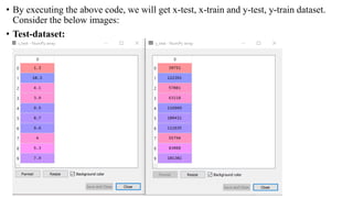 • By executing the above code, we will get x-test, x-train and y-test, y-train dataset.
Consider the below images:
• Test-dataset:
 