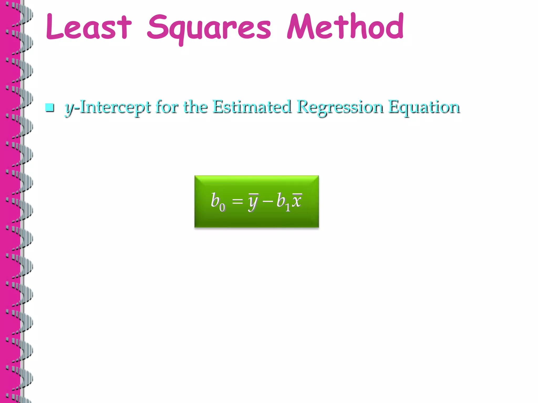  y-Intercept for the Estimated Regression Equation
Least Squares Method
0 1
b y b x
 
 