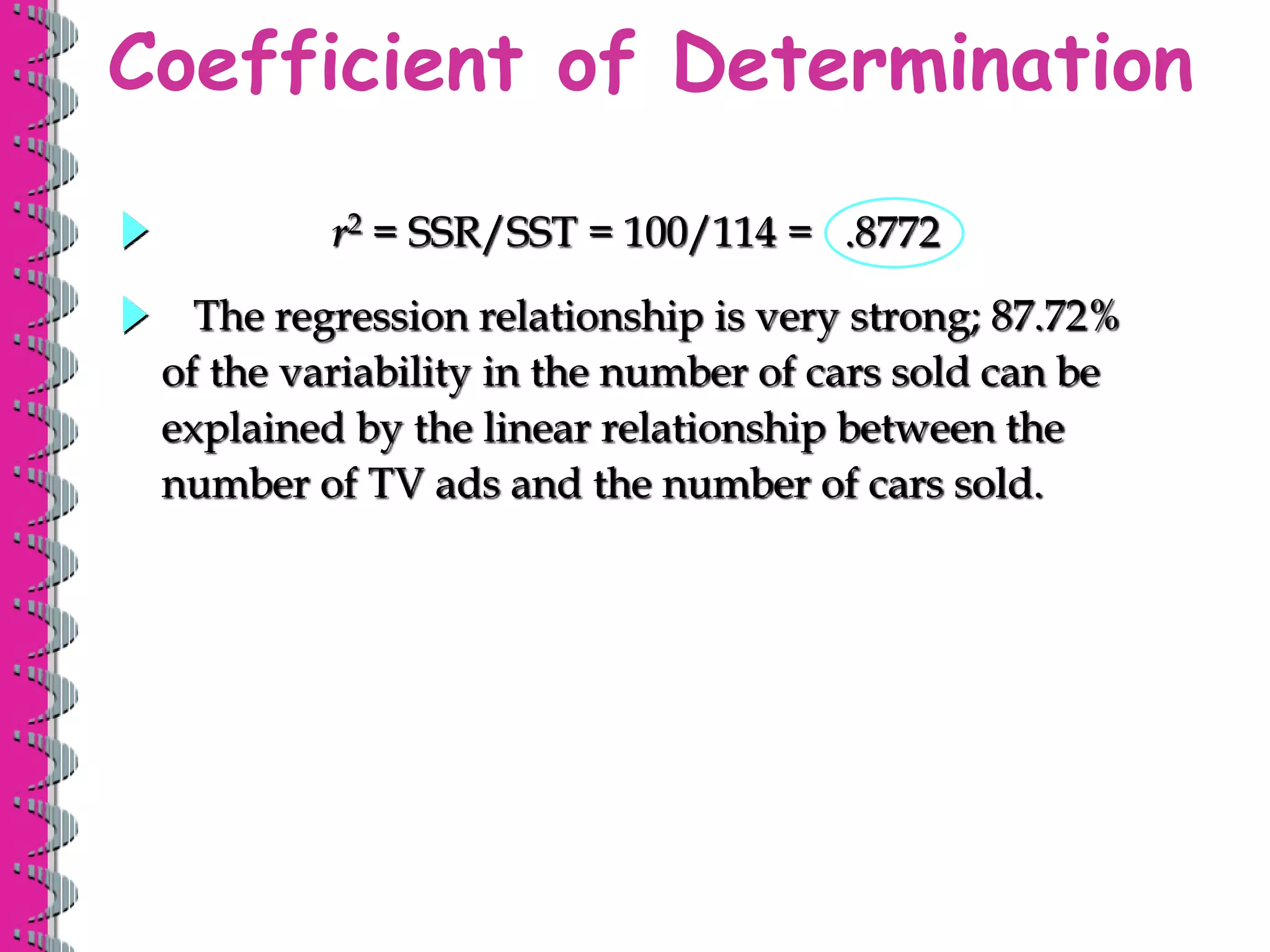 Coefficient of Determination
r2 = SSR/SST = 100/114 = .8772
The regression relationship is very strong; 87.72%
of the variability in the number of cars sold can be
explained by the linear relationship between the
number of TV ads and the number of cars sold.
 