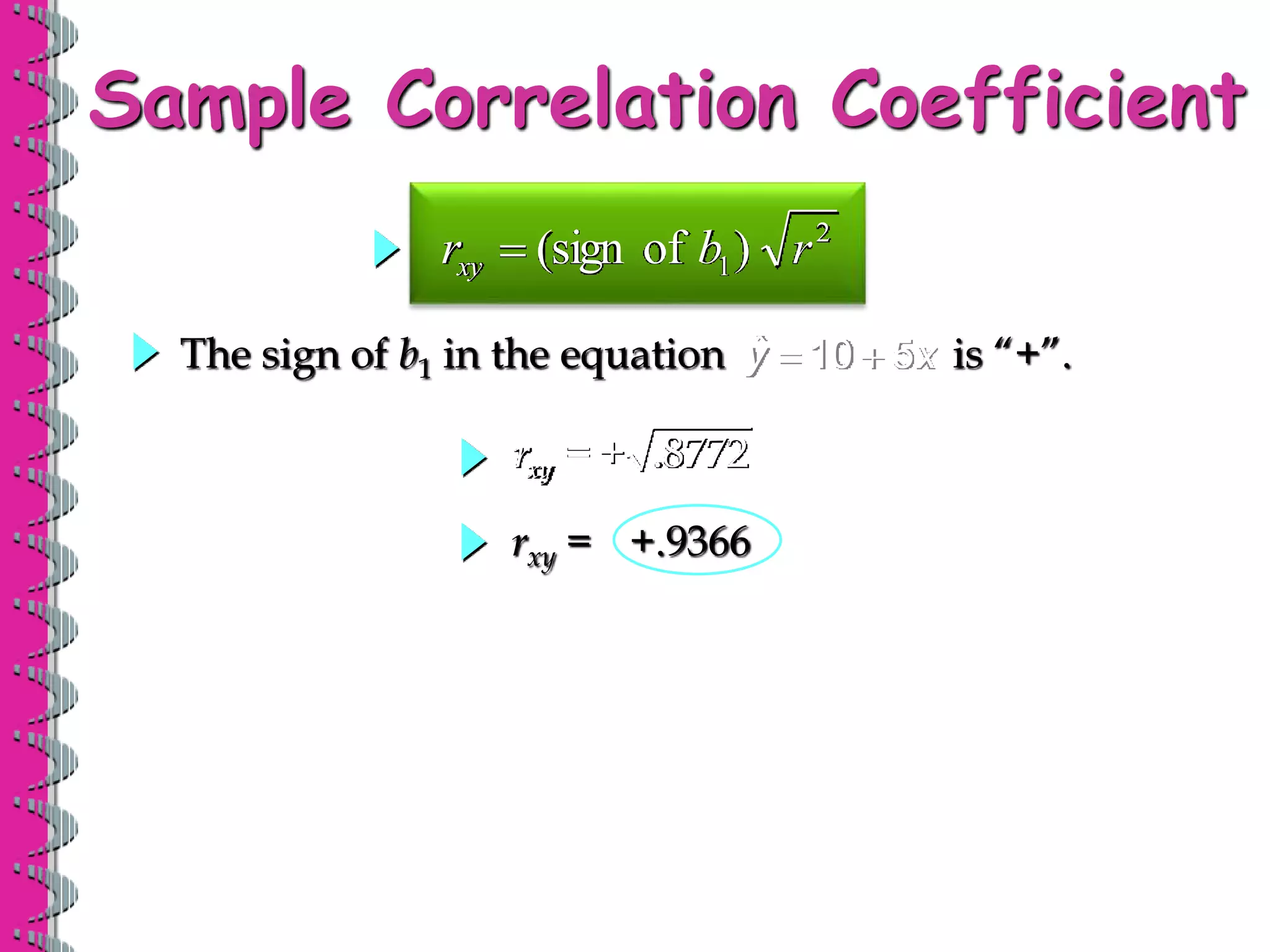 2
1)
of
(sign r
b
rxy 
The sign of b1 in the equation is “+”.
ˆ 10 5
y x
 
= + .8772
xy
r
Sample Correlation Coefficient
rxy = +.9366
 