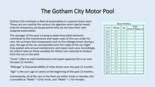 The Gotham City Motor Pool
Gotham City maintains a fleet of automobiles in a special motor pool.
These cars are used by the various city agencies when special needs
arise for temporary use by personnel who do not have their own
assigned automobiles.
The manager of the pool is trying to determine what elements
contribute to the maintenance and repair costs of the cars under his
care. He surmises that components such as the mileage driven during a
year, the age of the car, and possibly even the make of the car might
help explain why annual maintenance and repair costs vary. Accordingly,
he collects data on these variables for fifteen cars selected at random
from the cars in the pool.
“Costs” refers to total maintenance and repair expenses for a car over
the past 12 months.
“Mileage” is thousands (000s) of miles driven over the past 12 months.
“Age” is the car’s age (in years) at the beginning of the past 12 months.
Conveniently, all of the cars in the fleet are either Fords or Hondas; this
is encoded as “Make” = 0 for Fords, and “Make” = 1 for Hondas.
 