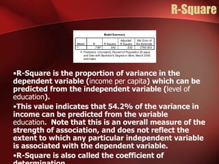 R-Square
•R-Square is the proportion of variance in the
dependent variable (income per capita) which can be
predicted from the independent variable (level of
education).
•This value indicates that 54.2% of the variance in
income can be predicted from the variable
education. Note that this is an overall measure of the
strength of association, and does not reflect the
extent to which any particular independent variable
is associated with the dependent variable.
•R-Square is also called the coefficient of
Model Summary
.736a
.542 .532 2760.003
Model
1
R R Square
Adjusted
R Square
Std. Error of
the Estimate
Predictors: (Constant), Percent of Population 25 years
and Over with Bachelor's Degree or More, March 2000
estimates
a.
 