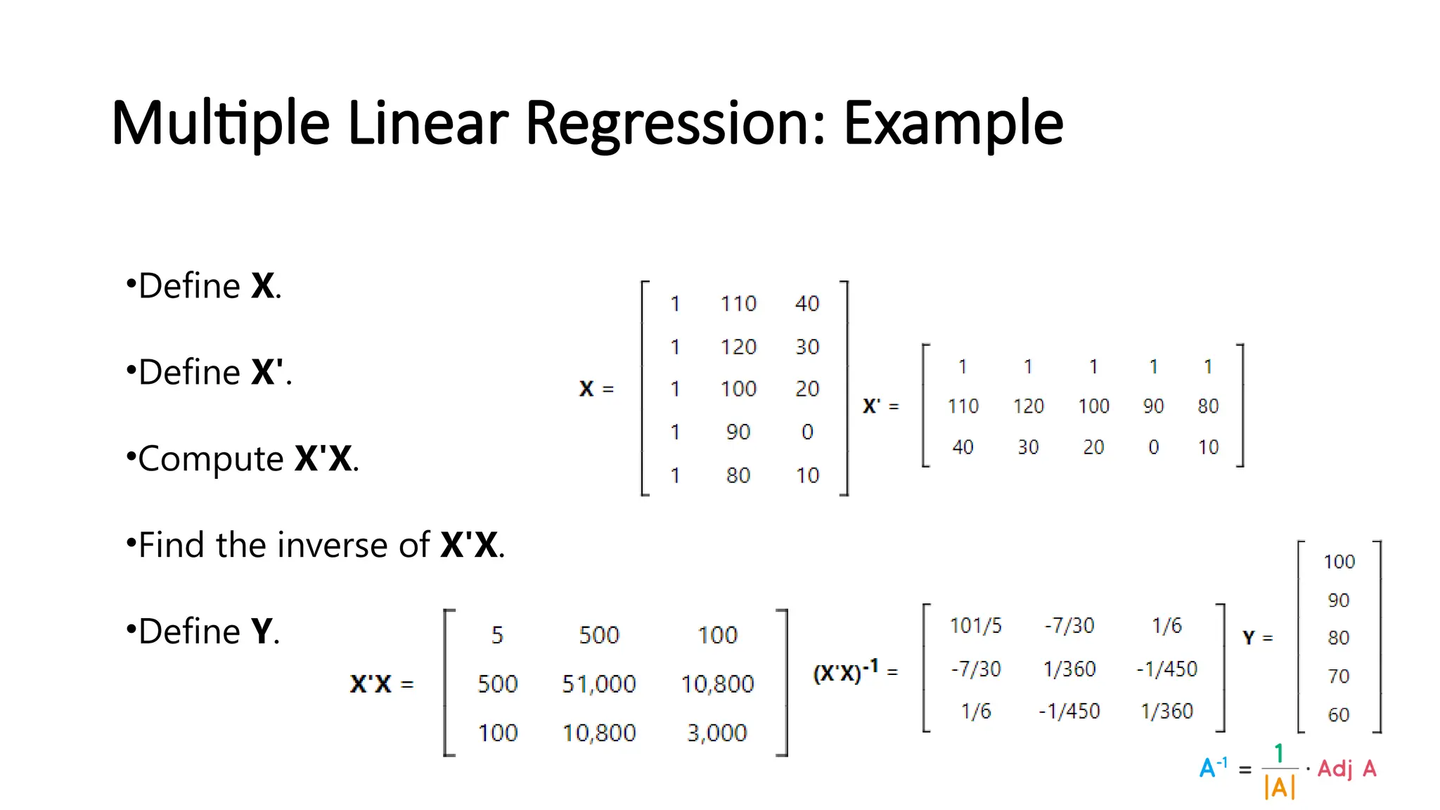 Multiple Linear Regression: Example
•Define X.
•Define X'.
•Compute X'X.
•Find the inverse of X'X.
•Define Y.
 