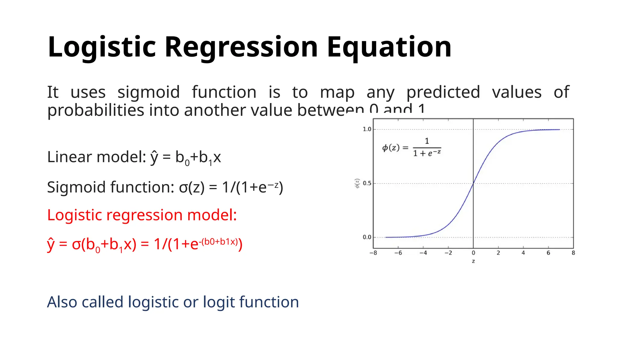 It uses sigmoid function is to map any predicted values of
probabilities into another value between 0 and 1.
Logistic Regression Equation
Linear model: ŷ = b0+b1x
Sigmoid function: σ(z) = 1/(1+e z
−
)
Logistic regression model:
ŷ = σ(b0+b1x) = 1/(1+e-(b0+b1x)
)
Also called logistic or logit function
 