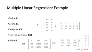 Multiple Linear Regression: Example
•Define X.
•Define X'.
•Compute X'X.
•Find the inverse of X'X.
•Define Y.
 