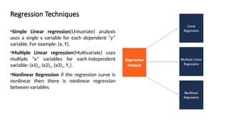 •Simple Linear regression(Univariate) analysis
uses a single x variable for each dependent “y”
variable. For example: (x, Y).
•Multiple Linear regression(Multivariate) uses
multiple “x” variables for each independent
variable: (x1)1, (x2)1, (x3)1, Y1).
•Nonlinear Regression if the regression curve is
nonlinear then there is nonlinear regression
between variables
Regression Techniques
 