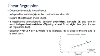 Linear Regression
• Dependent variable is continuous
• Independent variable(s) can be continuous or discrete
• Nature of regression line is linear.
• It establishes a relationship between dependent variable (Y) and one or
more independent variables (X) using a best fit straight line (also known
as regression line).
• Equation Y=m*X + c + e, where ‘c’ is intercept, ‘m’ is slope of the line and ’e’
is error term.
 