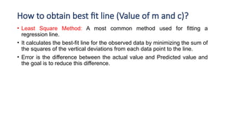 How to obtain best fit line (Value of m and c)?
• Least Square Method: A most common method used for fitting a
regression line.
• It calculates the best-fit line for the observed data by minimizing the sum of
the squares of the vertical deviations from each data point to the line.
• Error is the difference between the actual value and Predicted value and
the goal is to reduce this difference.
 