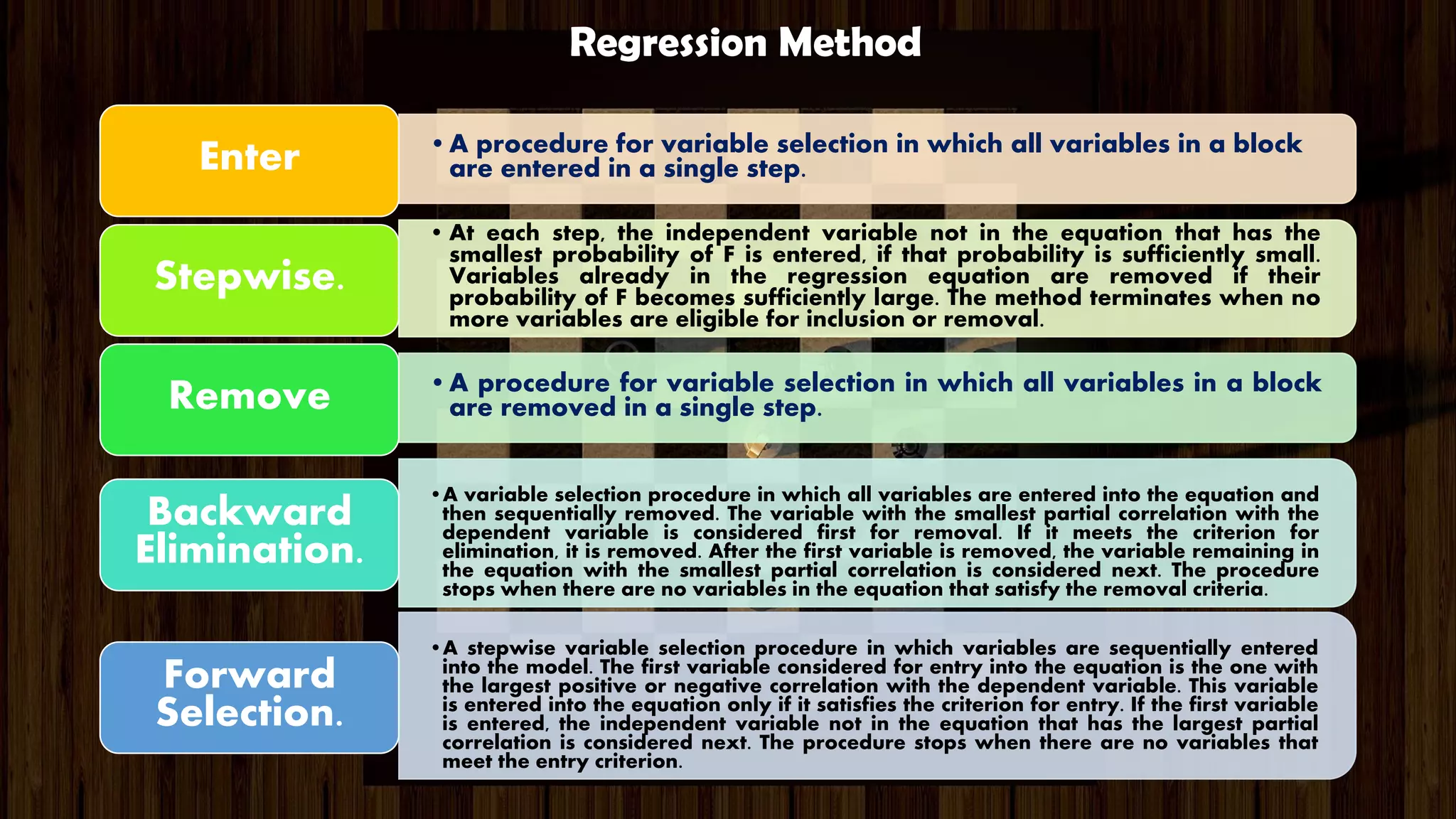 •A procedure for variable selection in which all variables in a block
are entered in a single step.Enter
• At each step, the independent variable not in the equation that has the
smallest probability of F is entered, if that probability is sufficiently small.
Variables already in the regression equation are removed if their
probability of F becomes sufficiently large. The method terminates when no
more variables are eligible for inclusion or removal.
Stepwise.
•A procedure for variable selection in which all variables in a block
are removed in a single step.Remove
•A variable selection procedure in which all variables are entered into the equation and
then sequentially removed. The variable with the smallest partial correlation with the
dependent variable is considered first for removal. If it meets the criterion for
elimination, it is removed. After the first variable is removed, the variable remaining in
the equation with the smallest partial correlation is considered next. The procedure
stops when there are no variables in the equation that satisfy the removal criteria.
Backward
Elimination.
•A stepwise variable selection procedure in which variables are sequentially entered
into the model. The first variable considered for entry into the equation is the one with
the largest positive or negative correlation with the dependent variable. This variable
is entered into the equation only if it satisfies the criterion for entry. If the first variable
is entered, the independent variable not in the equation that has the largest partial
correlation is considered next. The procedure stops when there are no variables that
meet the entry criterion.
Forward
Selection.
Regression Method
 