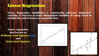 Linear Regression
Linear Regression establishes a relationship between dependent
variable (Y) and one or more independent variables (X) using a best fit
straight line (also known as regression line).
Linear regression,
also known as
Ordinary Least Squares (OLS)
and
Linear Least Squares.
 
