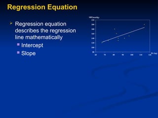 Regression Equation
 Regression equation
describes the regression
line mathematically
 Intercept
 Slope 80
100
120
140
160
180
200
220
60 70 80 90 100 110 120
Wt (kg)
SBP(mmHg)
 