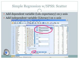 Simple Regression w/SPSS: Scatter

 Add dependent variable (Life expectancy) on y-axis
 Add independent variable (Literacy) on x-axis
 