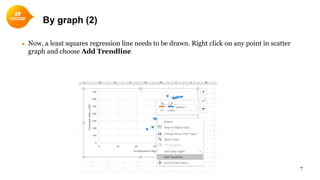 7
● Now, a least squares regression line needs to be drawn. Right click on any point in scatter
graph and choose Add Trendline
By graph (2)
 