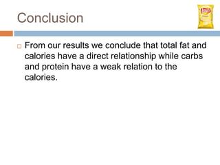 Conclusion
   From our results we conclude that total fat and
    calories have a direct relationship while carbs
    and protein have a weak relation to the
    calories.
 