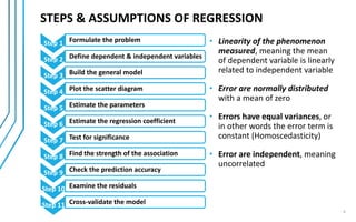STEPS & ASSUMPTIONS OF REGRESSION
Step 1 Formulate the problem
Step 2 Define dependent & independent variables
Step 3 Build the general model
Step 4 Plot the scatter diagram
Step 5 Estimate the parameters
Step 6 Estimate the regression coefficient
Step 7 Test for significance
Step 8 Find the strength of the association
Step 9 Check the prediction accuracy
Step 10 Examine the residuals
Step 11 Cross-validate the model
9
• Linearity of the phenomenon
measured, meaning the mean
of dependent variable is linearly
related to independent variable
• Error are normally distributed
with a mean of zero
• Errors have equal variances, or
in other words the error term is
constant (Homoscedasticity)
• Error are independent, meaning
uncorrelated
 