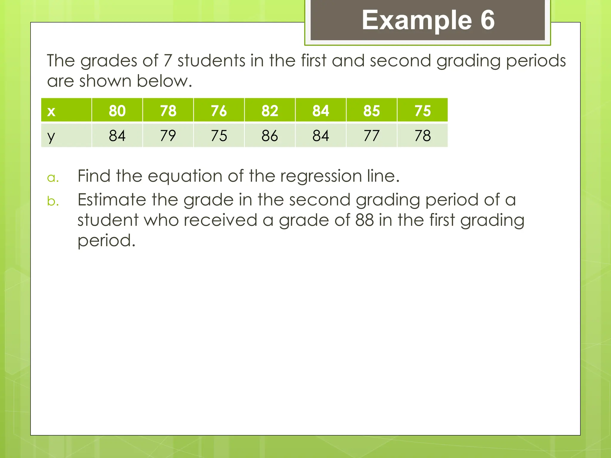 The grades of 7 students in the first and second grading periods
are shown below.
a. Find the equation of the regression line.
b. Estimate the grade in the second grading period of a
student who received a grade of 88 in the first grading
period.
Example 6
x 80 78 76 82 84 85 75
y 84 79 75 86 84 77 78
 