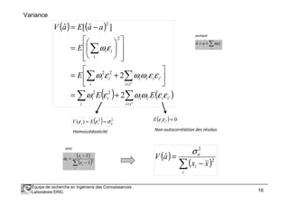Variance
( ) ( )
( ) ( )∑∑
∑ ∑
∑
<
<
+=






+=














=
−=
'
''
22
'
''
22
2
2
2
2
]ˆ[ˆ
ii
iiii
i
ii
i ii
iiiiii
i
ii
EE
E
E
aaEaV
εεωωεω
εεωωεω
εω
∑+=
i
iiaâ εω
puisque
Équipe de recherche en Ingénierie des Connaissances
Laboratoire ERIC 16
∑∑ < 'iii
( ) 22
)( εσεε == ii EV
Homoscédasticité
( ) 0' =iiE εε
Non-autocorrélation des résidus
avec
( )
( )∑ −
−
=
j
j
i
i
xx
xx
2
ω ( )
( )∑ −
=
i
i xx
aV 2
2
ˆ εσ
 