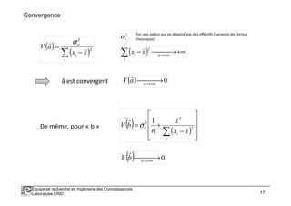 Convergence
( )
( )∑ −
=
i
i xx
aV 2
2
ˆ εσ
Est une valeur qui ne dépend pas des effectifs (variance de l’erreur
théorique)
2
εσ
( ) +∞ →− +∞→∑ n
i
i xx
2
â est convergent ( ) 0ˆ  → +∞→n
aV
Équipe de recherche en Ingénierie des Connaissances
Laboratoire ERIC 17
De même, pour « b » ( ) ( ) 









−
+=
∑i
i xx
x
n
bV 2
2
2 1ˆ
εσ
( ) 0ˆ  → +∞→n
bV
 
