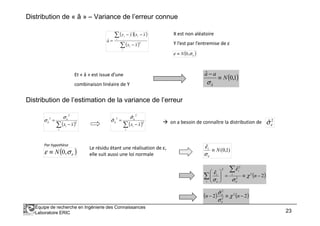 Distribution de « â » – Variance de l’erreur connue
( )( )
( )∑
∑
−
−−
=
i
i
i
ii
xx
xxyy
a 2
ˆ
X est non aléatoire
Y l’est par l’entremise de ε
( )εσε ,0N≡
( )1,0
ˆ
ˆ
N
aa
a
≡
−
σ
Et « â » est issue d’une
combinaison linéaire de Y
Distribution de l’estimation de la variance de l’erreur
Équipe de recherche en Ingénierie des Connaissances
Laboratoire ERIC 23
( )∑ −
=
i
i
a
xx
2
2
2
ˆ
εσ
σ on a besoin de connaître la distribution de 2
ˆεσ
( )εσε ,0N≡
Par hypothèse
Le résidu étant une réalisation de ε,
elle suit aussi une loi normale
( )∑ −
=
i
i
a
xx
2
2
2
ˆ
ˆ
ˆ εσ
σ
)1,0(
ˆ
Ni
≡
εσ
ε
( )2
ˆ
ˆ 2
2
2
2
−≡=





∑
∑
n
i
i
i
i
χ
σ
ε
σ
ε
εε
( ) ( )2
ˆ
2 2
2
2
−≡− nn χ
σ
σ
ε
ε
 