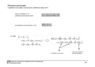 Prévision ponctuelle
A prédire d’une valeur connue de X, prédire la valeur de Y
Pour un individu i*, la
prédiction ponctuelle s’écrit bxaxyy iii
ˆˆ)(ˆˆ *** +==
La prédiction est sans biais c.-à-d. ( ) **
ˆ ii yyE =
Équipe de recherche en Ingénierie des Connaissances
Laboratoire ERIC 30
En effet,
( )
( ) ( ) **
***
***
ˆˆ
ˆˆ
ˆˆ
ii
iii
iii
bbxaa
baxbxa
yy
ε
ε
ε
−−+−=
++−+=
−=
( ) ( ) ( )[ ]
( ) ( ) ( )**
***
ˆˆ
ˆˆˆ
ii
iii
EbbEaaEx
bbxaaEE
ε
εε
−−+−=
−−+−=
0
Les EMCO sont sans biais
0
L’erreur du modèle est
nulle par hypothèse
 