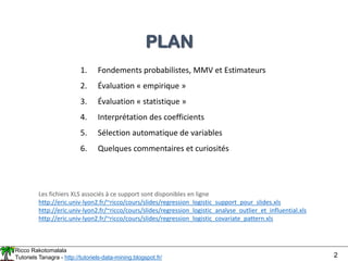 Ricco Rakotomalala
Tutoriels Tanagra - http://tutoriels-data-mining.blogspot.fr/ 2
PLAN
1. Fondements probabilistes, MMV et Estimateurs
2. Évaluation « empirique »
3. Évaluation « statistique »
4. Interprétation des coefficients
5. Sélection automatique de variables
6. Quelques commentaires et curiosités
Les fichiers XLS associés à ce support sont disponibles en ligne
http://eric.univ-lyon2.fr/~ricco/cours/slides/regression_logistic_support_pour_slides.xls
http://eric.univ-lyon2.fr/~ricco/cours/slides/regression_logistic_analyse_outlier_et_influential.xls
http://eric.univ-lyon2.fr/~ricco/cours/slides/regression_logistic_covariate_pattern.xls
 