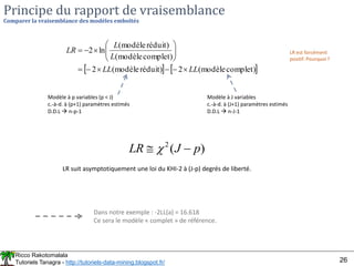 Ricco Rakotomalala
Tutoriels Tanagra - http://tutoriels-data-mining.blogspot.fr/ 26
Principe du rapport de vraisemblance
Comparer la vraisemblance des modèles emboîtés
   
complet)
modèle
(
2
réduit)
modèle
(
2
complet)
modèle
(
réduit)
modèle
(
ln
2
LL
LL
L
L
LR

















Modèle à J variables
c.-à-d. à (J+1) paramètres estimés
D.D.L  n-J-1
Modèle à p variables (p < J)
c.-à-d. à (p+1) paramètres estimés
D.D.L  n-p-1
)
(
2
p
J
LR 
 
LR suit asymptotiquement une loi du KHI-2 à (J-p) degrés de liberté.
Dans notre exemple : -2LL(a) = 16.618
Ce sera le modèle « complet » de référence.
LR est forcément
positif. Pourquoi ?
 
