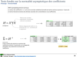 Ricco Rakotomalala
Tutoriels Tanagra - http://tutoriels-data-mining.blogspot.fr/ 30
inv(X'VX)
63.2765 -0.4882 -0.2627 1.0563
-0.4882 0.0088 0.0004 -0.0413
-0.2627 0.0004 0.0016 0.0030
1.0563 -0.0413 0.0030 2.2635
Tests fondés sur la normalité asymptotique des coefficients
Principe – Test de Wald
EMV asymptotiquement normaux.
Le vecteur des coefficients « a » suit une loi normale multidimensionnelle de matrice variance covariance = inverse de
la matrice Hessienne (matrice des dérivées secondes de la vraisemblance / aux coefficients)
VX
X
H '

(J+1)x(J+1)
Matrice des variables
explicatives, en première
colonne la constante.
Matrice diagonale de taille (n x n),
formé par les  (1 - ) estimés par
la régression
1
ˆ 

 H
(J+1) x (J+1)
C’est la matrice de variance co-variance des
coefficients estimés. En particulier, sur la diagonale
principale, nous observons la variance des
coefficients
const. 7.9547
age 0.0938
taux_m ax 0.0404
angine 1.5045
Eca rt type coe f.
5045
.
1
2635
.
2 
X'VX
2.61 130.24 386.29 0.65
130.24 6615.32 19210.78 34.59
386.29 19210.78 57708.88 94.12
0.65 34.59 94.12 0.65
 