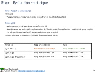 Ricco Rakotomalala
Tutoriels Tanagra - http://tutoriels-data-mining.blogspot.fr/ 34
Bilan – Évaluation statistique
Test de Rapport de vraisemblance
+ Puissant
-- Plus gourmand en ressources de calcul (reconstruire le modèle à chaque fois)
Test de Wald
-- Moins puissant c.-à-d. plus conservateur, favorise H0
-- Quand la valeur du coef. est élevée, l’estimation de l’écart-type gonfle exagérément , on élimine à tort la variable
-- Pas très bon lorsque les effectifs sont petits (comme c’est le cas ici)
+ Moins gourmand en ressources (inversion de matrice quand même)
Tests à 5% Rapp. Vraisemblance Wald
Signif. Globale Rejet H0  p-value = 0.049952 Accep. H0  p-value = 0.190047
Signif. « âge » Accep. H0  p-value = 0.1156 Accep. H0  p-value = 0.1805
Signif. « âge et taux max » Accep. H0  p-value = 0.0771 Accep. H0  p-value = 0.1454
 