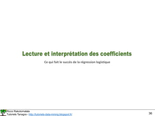 Ricco Rakotomalala
Tutoriels Tanagra - http://tutoriels-data-mining.blogspot.fr/ 36
Ce qui fait le succès de la régression logistique
 