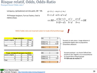 Ricco Rakotomalala
Tutoriels Tanagra - http://tutoriels-data-mining.blogspot.fr/ 38
Risque relatif, Odds, Odds-Ratio
Pourquoi choisir l’Odds-ratio ?
Lorsque p+ (prévalence) est très petit, OR ~ RR.
 Presque toujours, l’un ou l’autre, c’est la
même chose.
OR
c
b
d
a
d
b
c
a
d
b
b
c
a
a
RR
d
d
b
d
b
c
c
a
c
a

















/
/
)
/(
)
/(
MAIS l’odds-ratio est invariant selon le mode d’échantillonnage
RR 3
cœur2 x angine 1 0 Total
1 3 3 6 Odds(+/1) 1.5
0 2 12 14 Odds(+/0) 0.25
Total 5 15 20
OR(+) 6
RR 1.8
cœur2 x angine 1 0 Total
1 3 3 6 Odds(+/1) 3
0 1 6 7 Odds(+/0) 0.5
Total 5 9 13
OR(+) 6
Tirage aléatoire
Tirage retrospectif (presque) équilibré Souvent pratiqué : on choisit l’effectif des
positifs et des négatifs, et on échantillonne
au hasard dans chaque groupe
 l’OR reste de marbre !!!
Souvent un vœu pieux : tirage aléatoire à
probabilités égales dans la population.
Échantillon aléatoire.
 