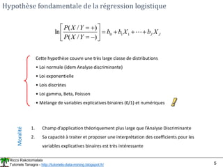 Ricco Rakotomalala
Tutoriels Tanagra - http://tutoriels-data-mining.blogspot.fr/ 5
Hypothèse fondamentale de la régression logistique
J
J X
b
X
b
b
Y
X
P
Y
X
P















1
1
0
)
/
(
)
/
(
ln
Cette hypothèse couvre une très large classe de distributions
• Loi normale (idem Analyse discriminante)
• Loi exponentielle
• Lois discrètes
• Loi gamma, Beta, Poisson
• Mélange de variables explicatives binaires (0/1) et numériques
1. Champ d’application théoriquement plus large que l’Analyse Discriminante
2. Sa capacité à traiter et proposer une interprétation des coefficients pour les
variables explicatives binaires est très intéressante
Moralité
 