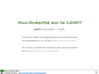 Ricco Rakotomalala
Tutoriels Tanagra - http://tutoriels-data-mining.blogspot.fr/ 75
Linéarité sur le LOGIT  une augmentation d’une unité de X1 entraîne
une augmentation de « a1 » du LOGIT, quelle que soit la valeur de X1.
Non-linéarité sur le LOGIT  la variation du LOGIT suite à une variation
de X1 dépend du niveau (ou de la valeur) de X1.
J
J X
a
X
a
a
Y 


 
1
1
0
)
(
logit
 