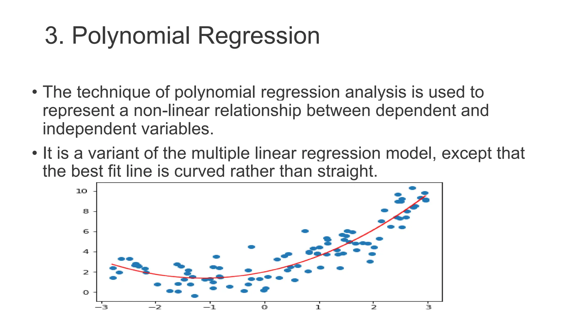 3. Polynomial Regression
• The technique of polynomial regression analysis is used to
represent a non-linear relationship between dependent and
independent variables.
• It is a variant of the multiple linear regression model, except that
the best fit line is curved rather than straight.
 