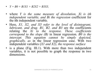 • Y = B0 + B1X1 + B2X2 + B3X3,
• where Y is the some measure of dissolution, Xi is ith
independent variable, and Bi the regression coefficient for
the ith independent variable.
• Here, X1, X2, and X3 refer to the level of disintegrant,
lubricant, and drug. B1, B2, and B3 are the coefficients
relating the Xi to the response. These coefficients
correspond to the slope (B) in linear regression. B0 is the
intercept. This equation cannot be simply depicted,
graphically, as in the linear regression case. With two
independent variables (X1 and X2), the response surface
• is a plane (Fig. III.1). With more than two independent
variables, it is not possible to graph the response in two
dimensions.
15
DAYANAND COLLEGE OF PHARMACY,LATUR
 