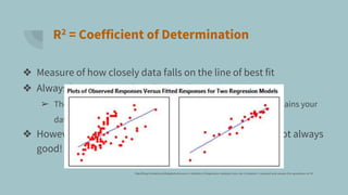 R2 = Coefficient of Determination
❖ Measure of how closely data falls on the line of best fit
❖ Always between 0 and 1.0 (0-100%)
➢ The higher the number = the better the predictive equation explains your
data’s variance
❖ However… a low R2 is not always bad, and a high R2 is not always
good!
http://blog.minitab.com/blog/adventures-in-statistics-2/regression-analysis-how-do-i-interpret-r-squared-and-assess-the-goodness-of-fit
 