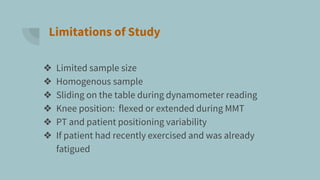 Limitations of Study
❖ Limited sample size
❖ Homogenous sample
❖ Sliding on the table during dynamometer reading
❖ Knee position: flexed or extended during MMT
❖ PT and patient positioning variability
❖ If patient had recently exercised and was already
fatigued
 