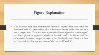 Figure Explanation
• It is assumed that sales commission increases linearly with sales until the
threshold level X*, after which also it increases linearly with sales but at a
much steeper rate. Thus, we have a piecewise linear regression consisting of
two linear pieces or segments, which are labeled I and II in Figure, and the
commission function changes its slope at the threshold value. Given the data
on commission, sales, and the value of the threshold level X*.
 